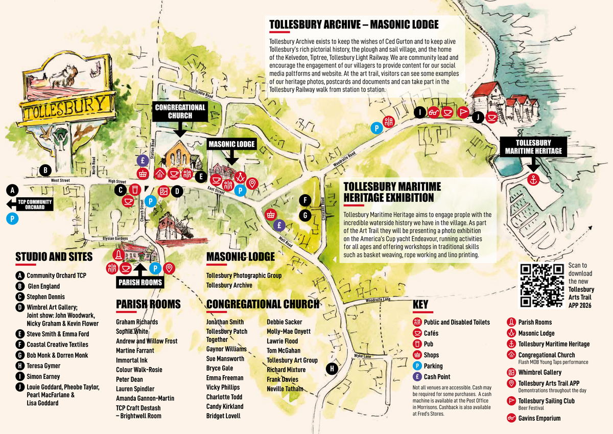 The Tollesbury Arts Trail village map, showing venues and studios